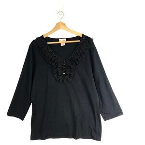 𝅺TOFFEE & Apple Long Sleeve Black Top Ruffle & Beaded Neckline size XXL